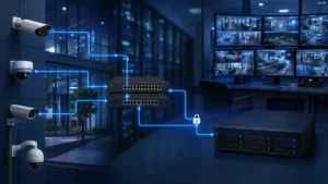 IP video surveillance architecture connecting cameras, network switches and secure storage