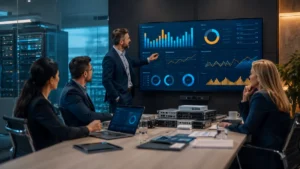 Value-added reseller team reviewing revenue, services and profitability