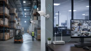 Wireless video surveillance cameras connected across an enterprise facility